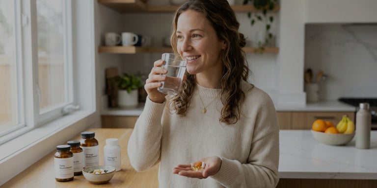 A woman in a cozy kitchen setting, holding a glass of water and small pills in her hand, with several supplement bottles lined up on the counter in the foreground.