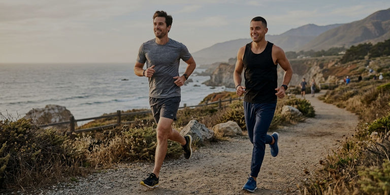 Two men running on a coastal dirt trail near the ocean, with hills in the background. One man wears a gray athletic shirt and shorts, and the other wears a black tank top and dark pants.